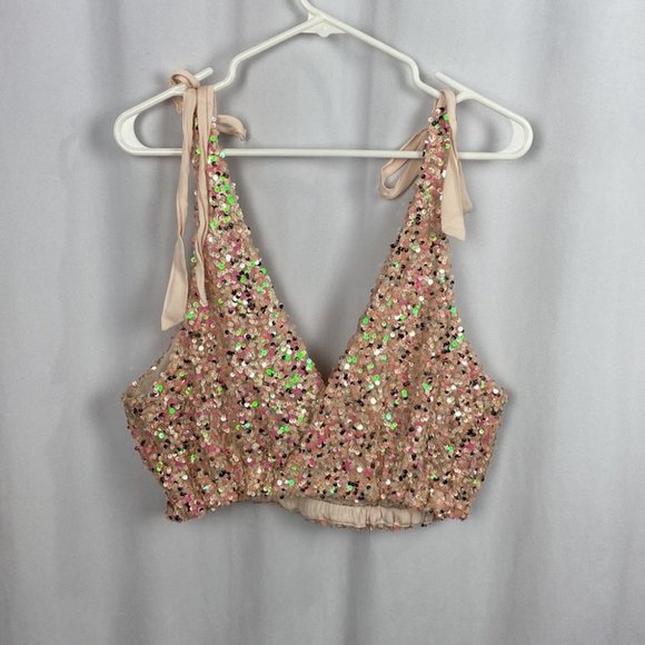 Free People Big Night Sequin Crop Top - Champagne Rose - Size Large NWOT - Picture 12 of 13